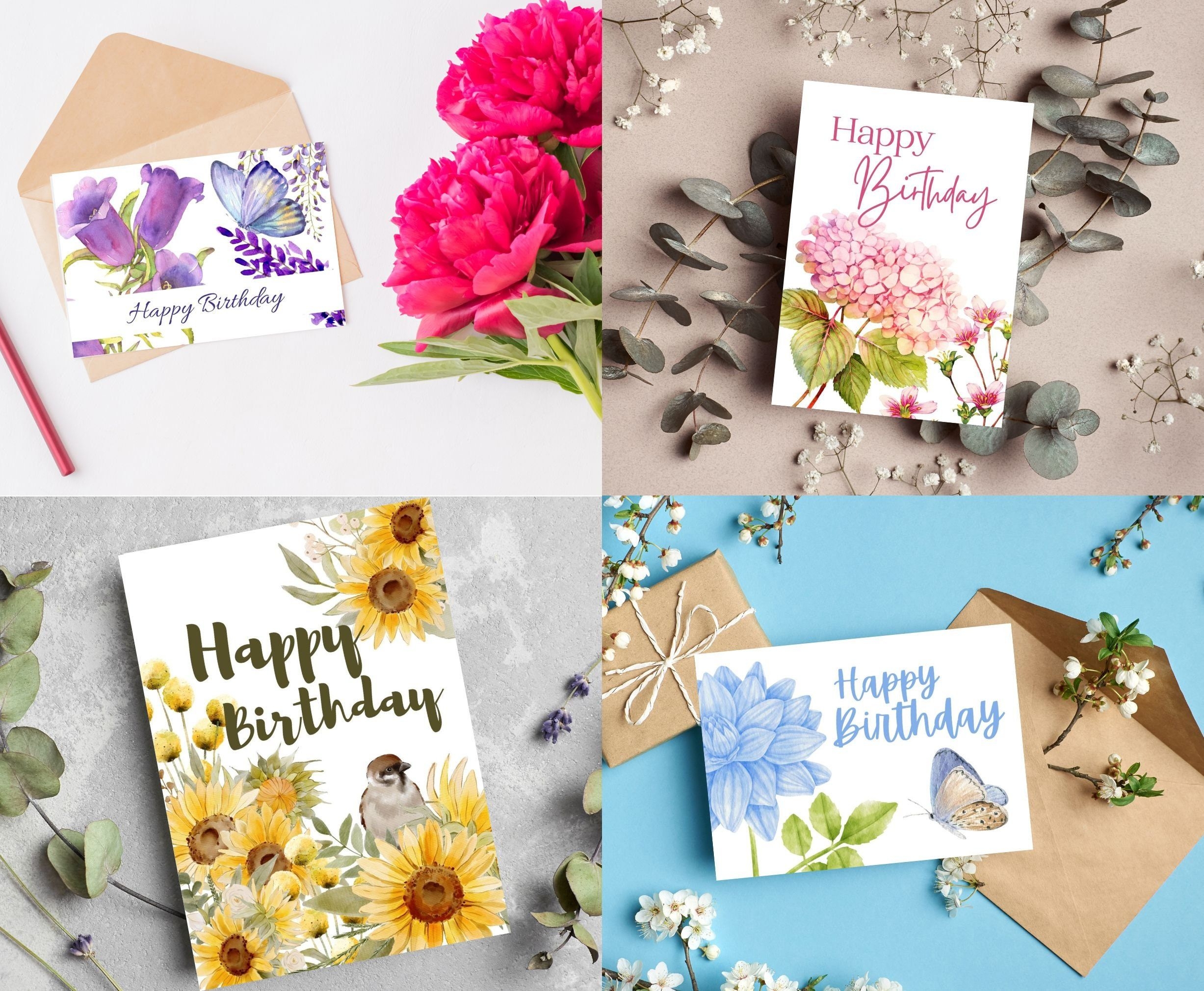 Printable Flower Birthday Cards Floral Digital Download Happy Birthday 