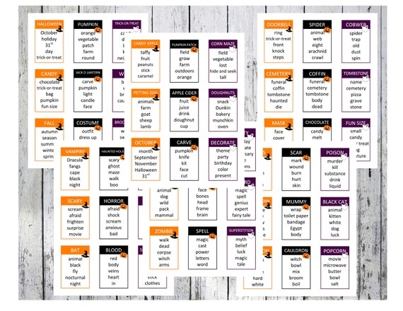 Printable Halloween Holiday Taboo Game Cards Instant Download Game 