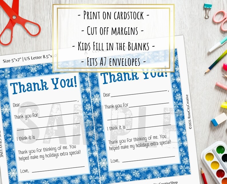 Printable Holiday Thank You Card For Kids Snowflakes Fill In Etsy