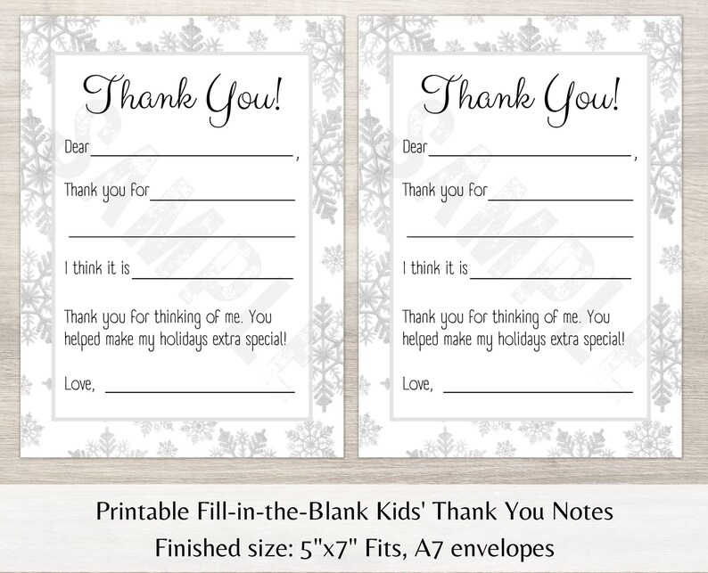 Printable Holiday Thank You Card For Kids Snowflakes Fill In Etsy