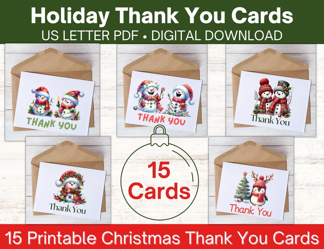 Printable Holiday Thank You Card Set PDF Holiday Notecard Bundle 