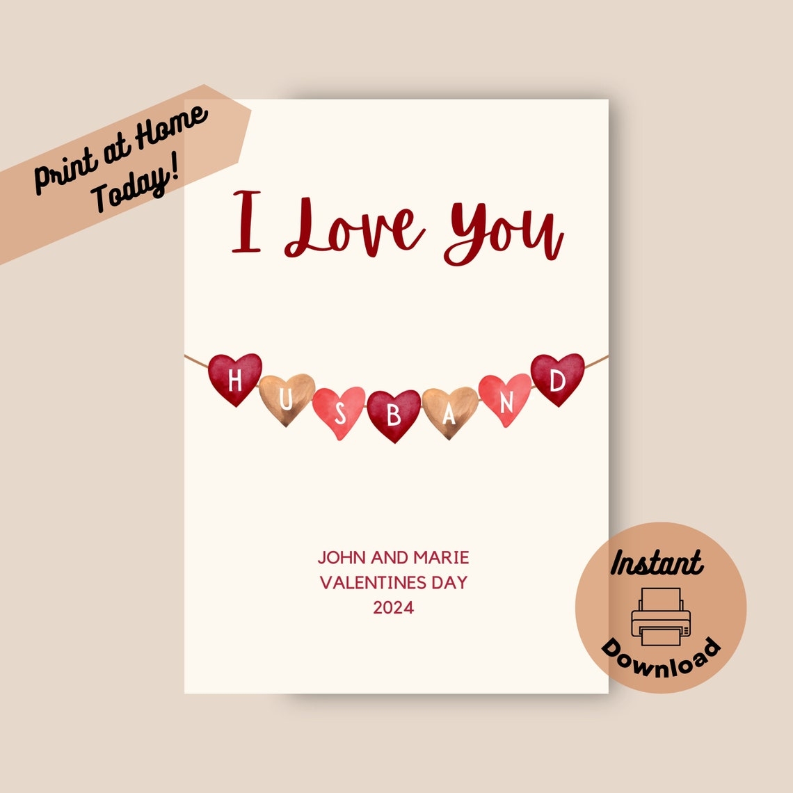 Printable Husband Valentine Card Instant Download Print At Home Card 