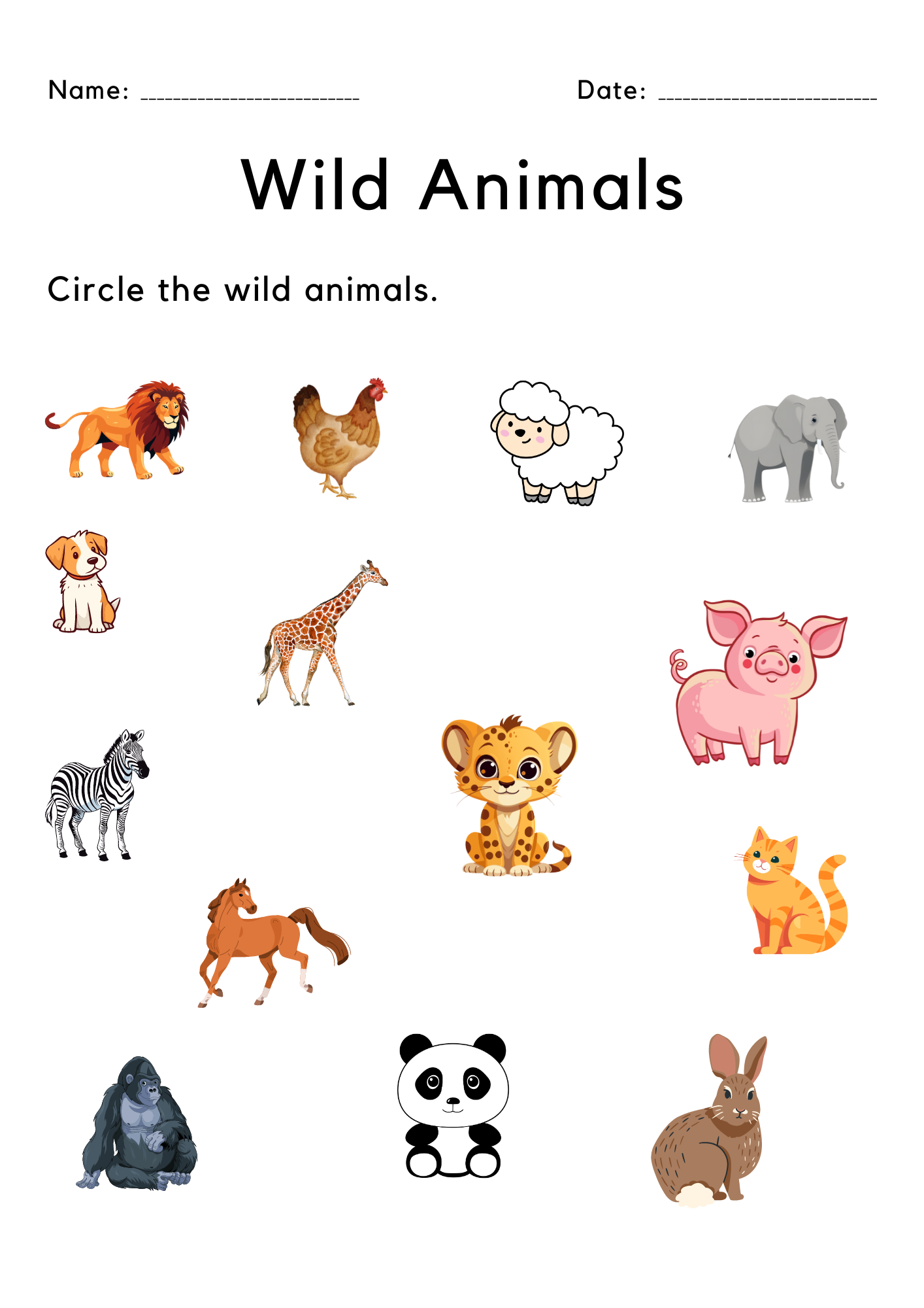 Printable Kindergarten Circle The Wild Animals Worksheet 