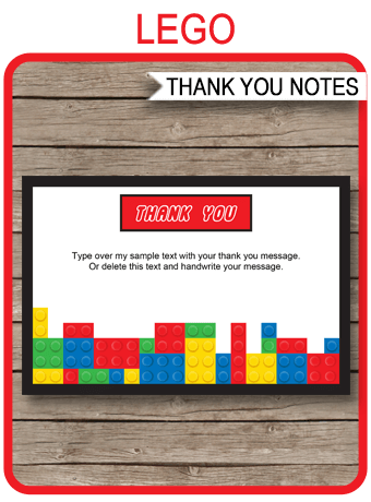 Printable Lego Thank You Cards Template Birthday Party Theme