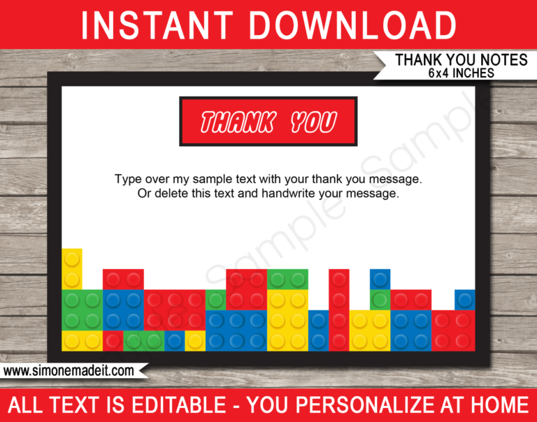 Printable Lego Thank You Cards Template Birthday Party Theme