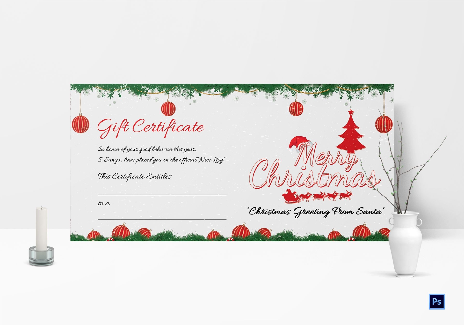 Printable Merry Christmas Gift Certificate Template In Adobe Photoshop