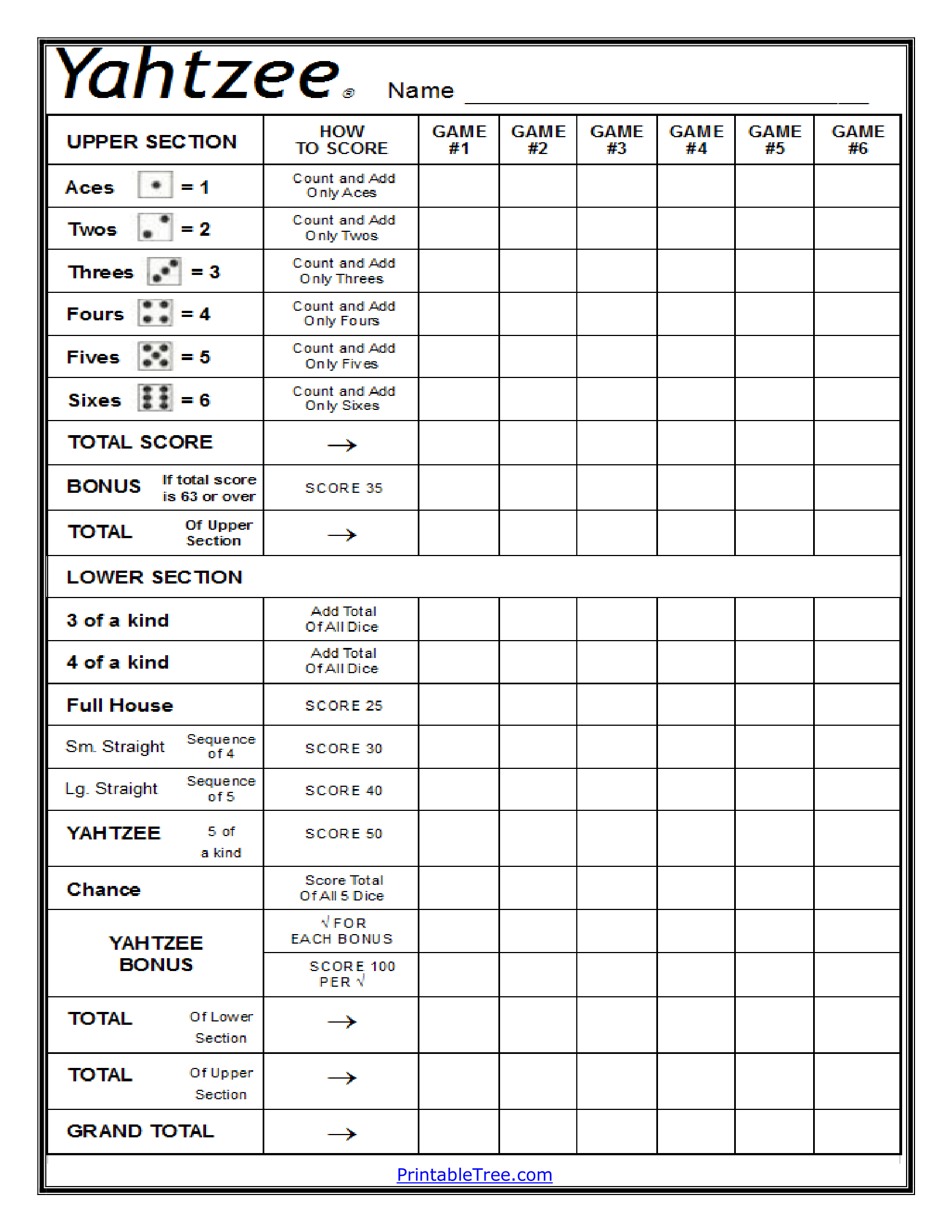 printable downloadable yahtzee score card