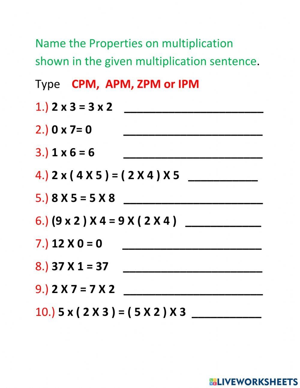 properties of multiplication worksheet
