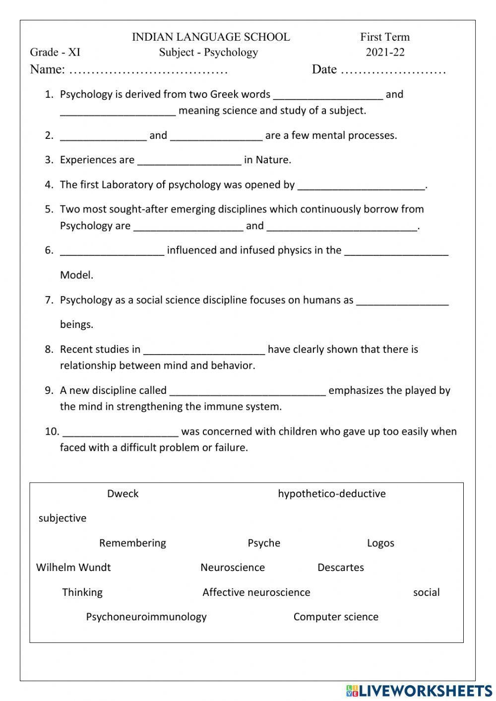 PSYCHOLOGY Worksheets Worksheets Library