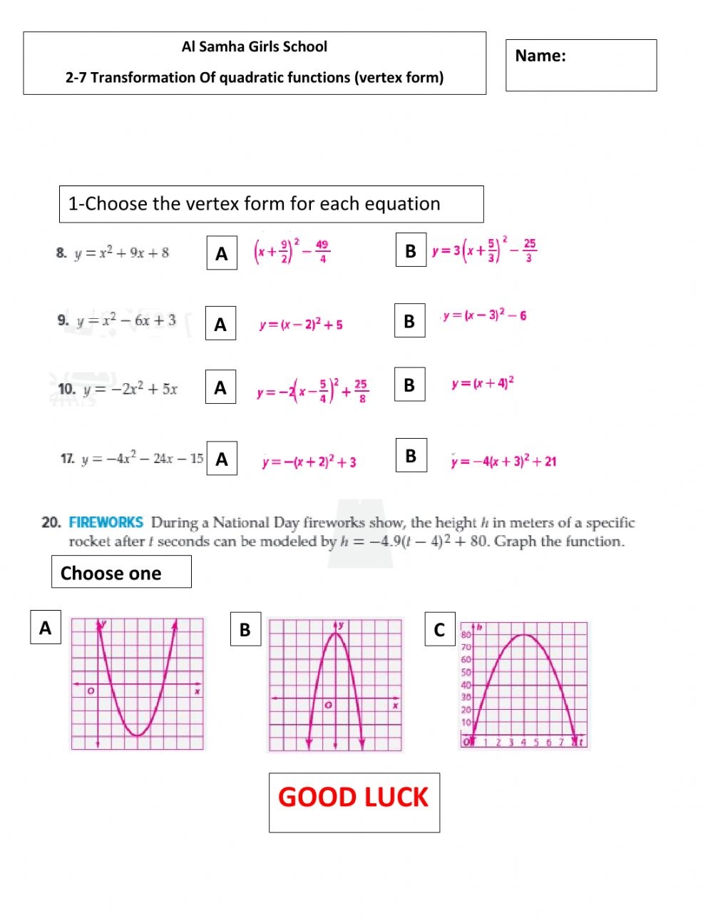 quadratic transformations worksheet