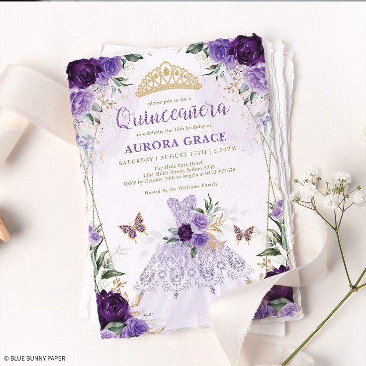 Quincea era Dress Invitation Template Purple Gold Crown Princess Mis