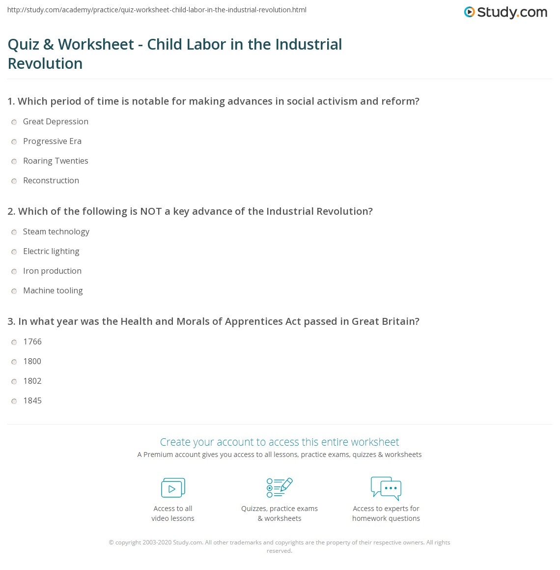Quiz Worksheet Child Labor In The Industrial Revolution Study