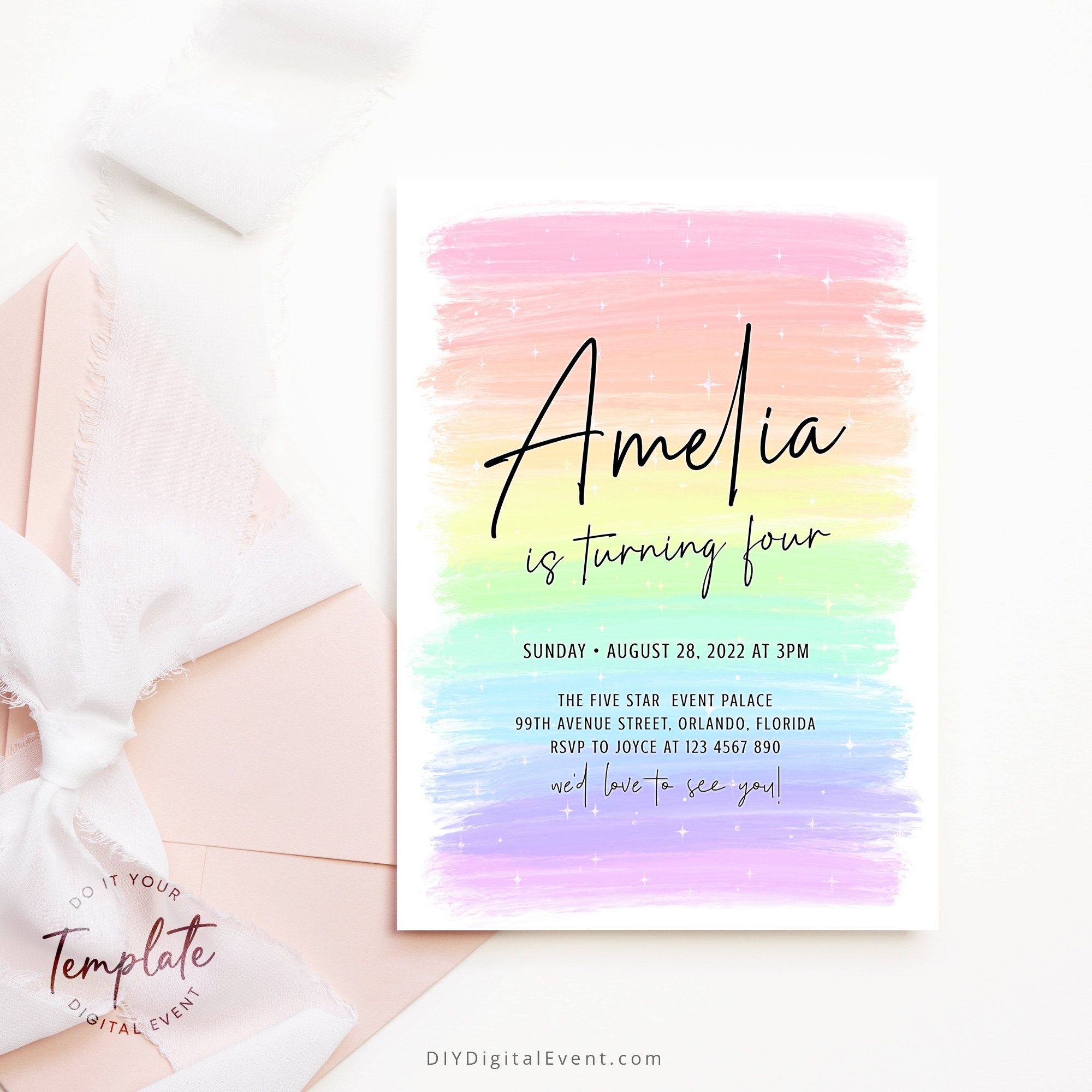  quot Editable Rainbow Birthday Invitation Template Printable Colorful 
