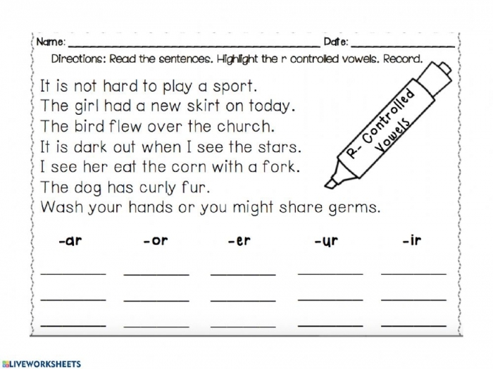 R Controlled Vowel Worksheets 99Worksheets