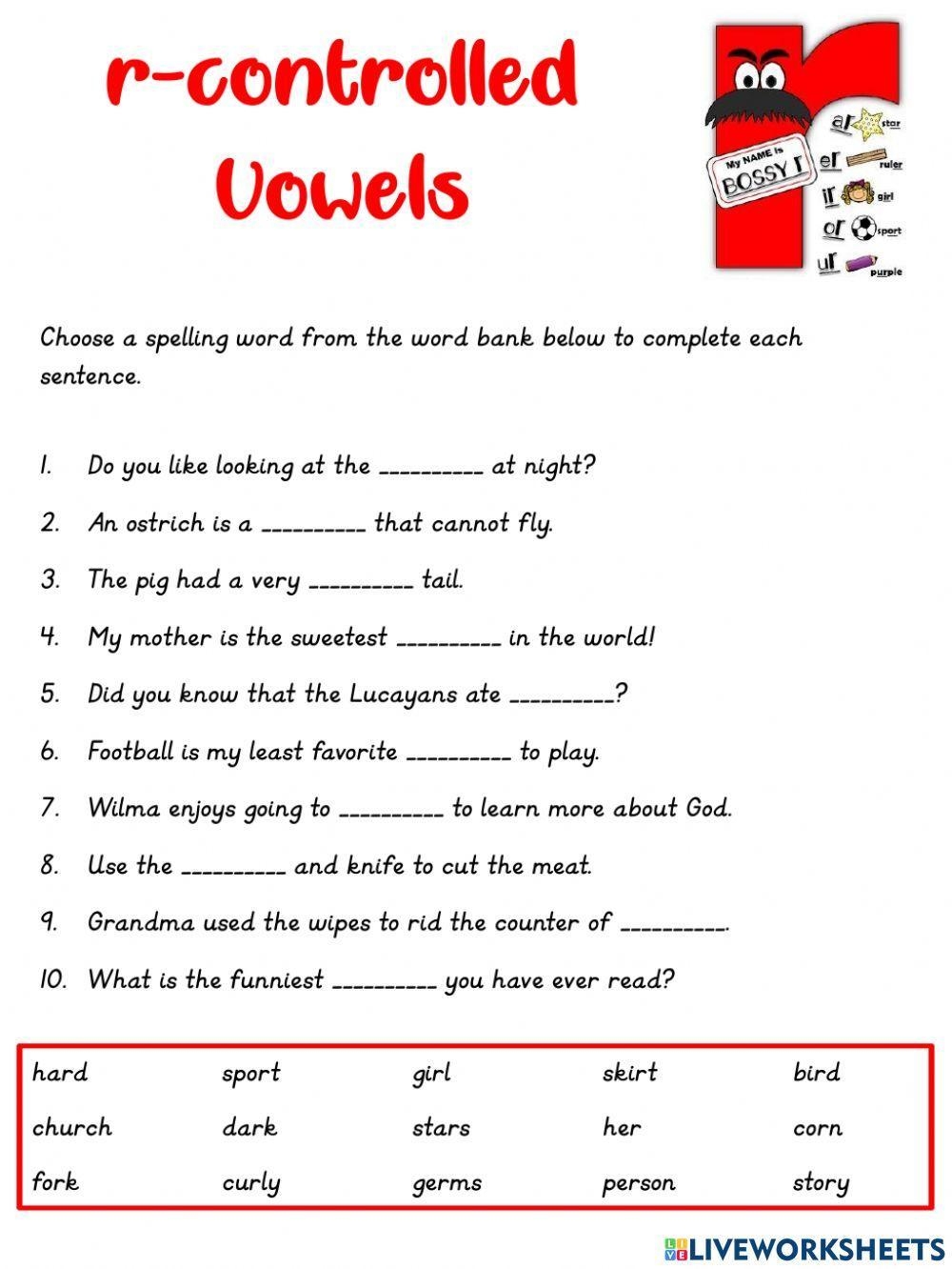 R controlled Vowels Interactive Exercise Live Worksheets Worksheets