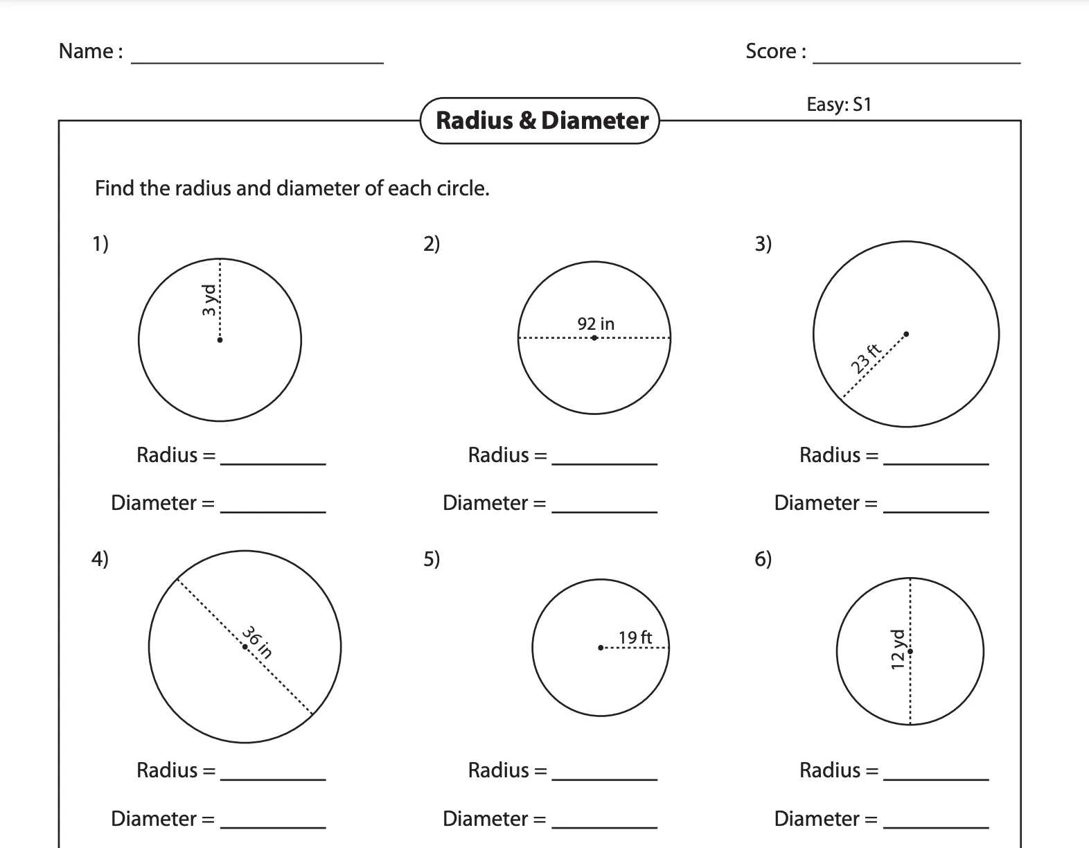 radius and diameter worksheet