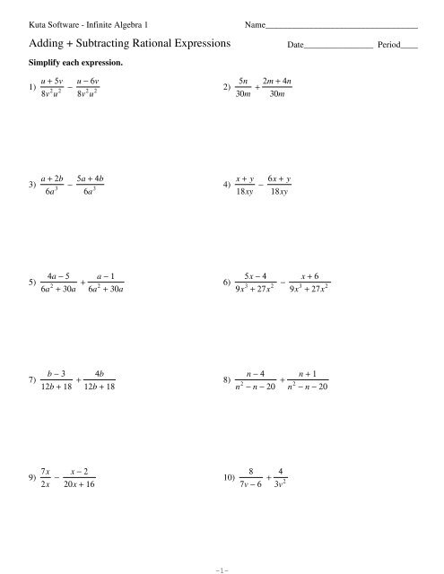 addition and subtraction of rational expressions worksheet