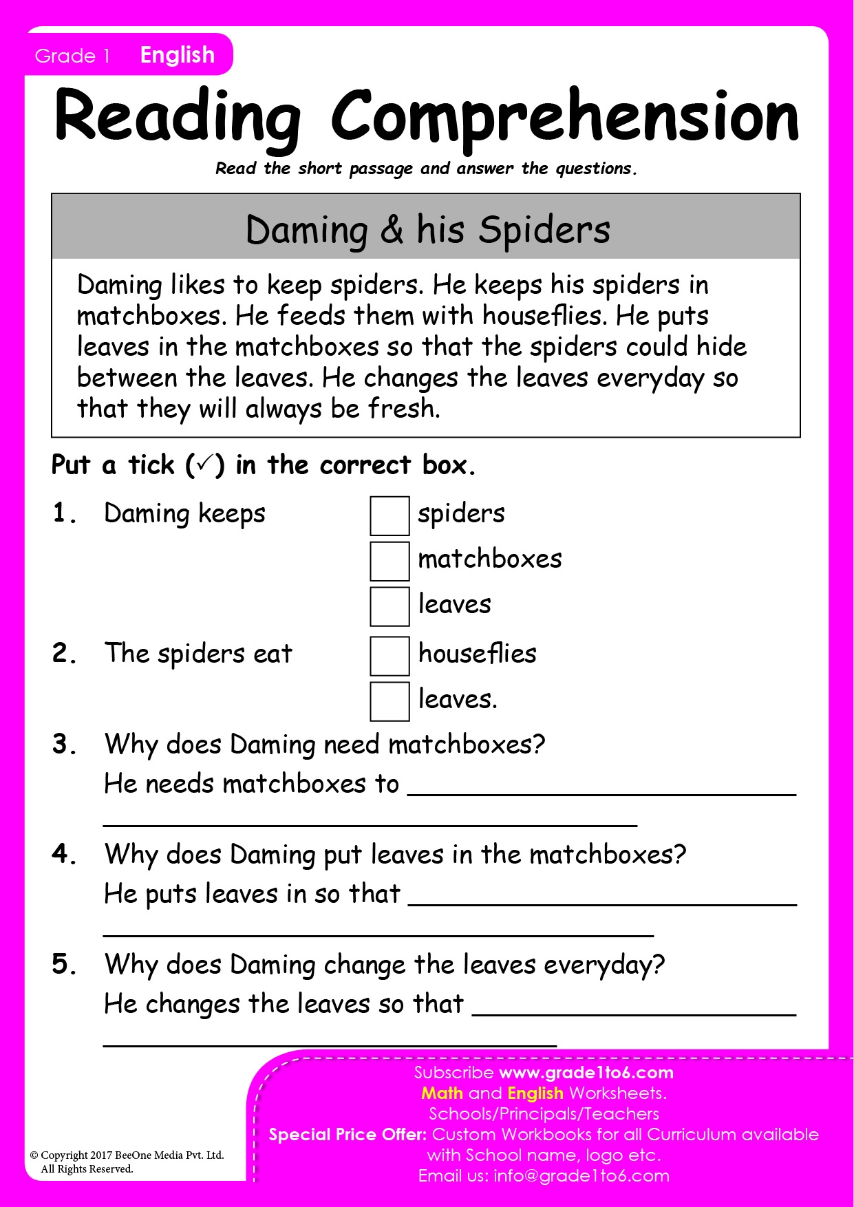 comprehension worksheets for grade 3