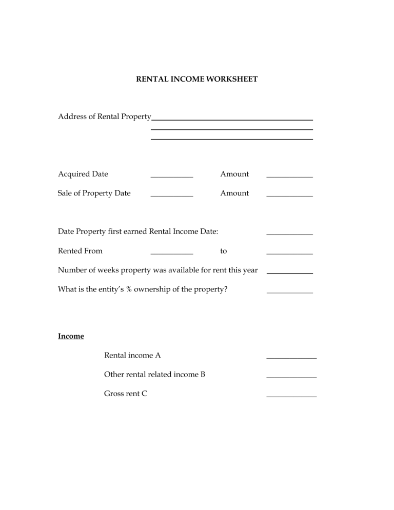 RENTAL INCOME WORKSHEET