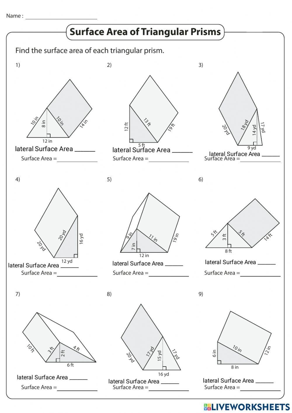 SA Of Triangular Prisms Worksheet Live Worksheets Worksheets Library