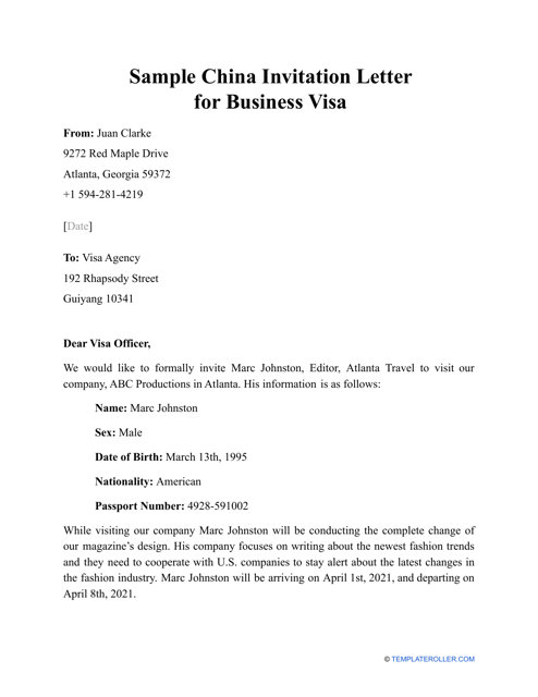 china business visa invitation letter template