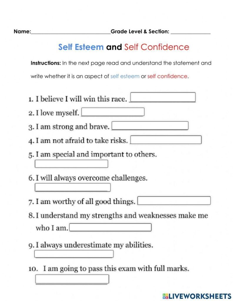 Self Esteem And Self Confidence Worksheet Live Worksheets