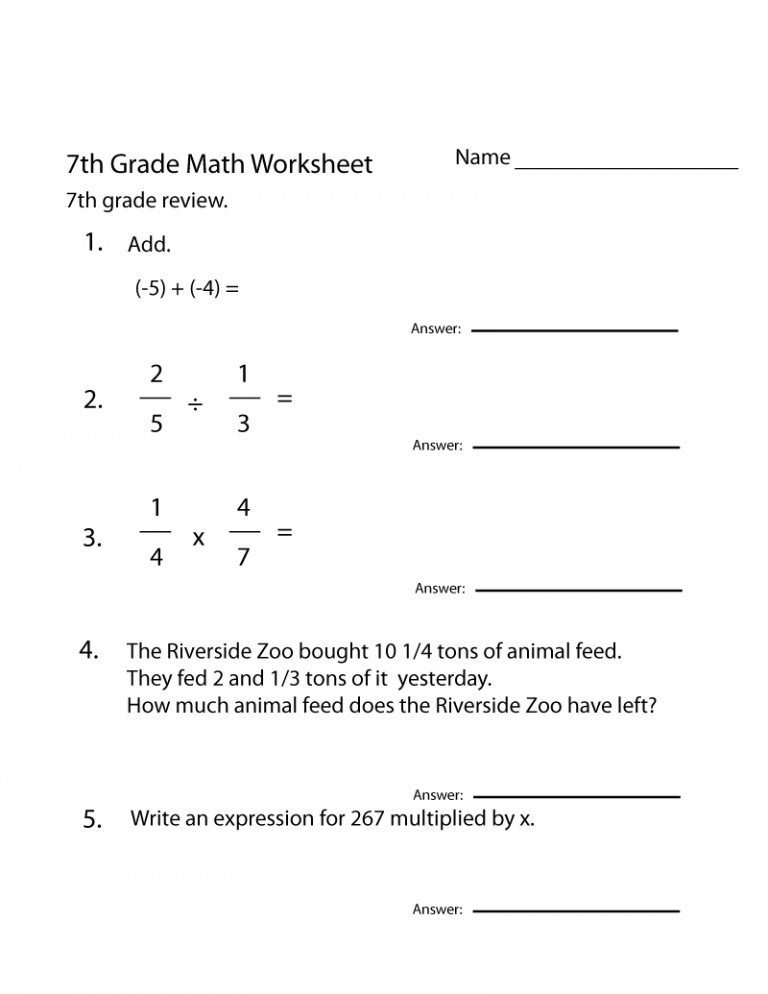 Seventh Grade Math Worksheets Algebra Learning Printable