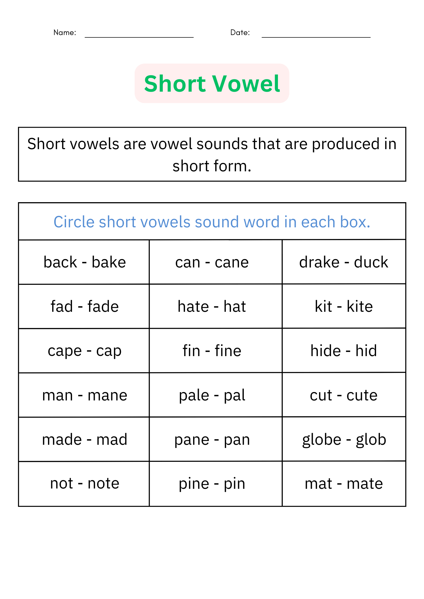 worksheets for long and short vowel sounds