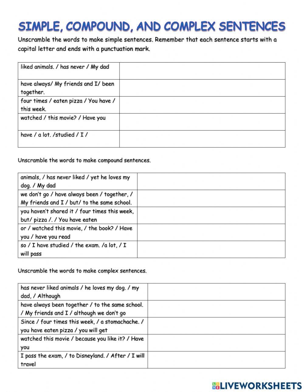 compound and complex sentences worksheet