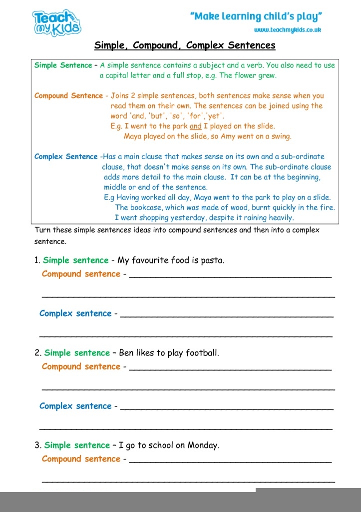 Simple Compound Complex Sentences TMK Education Sentenceworksheets