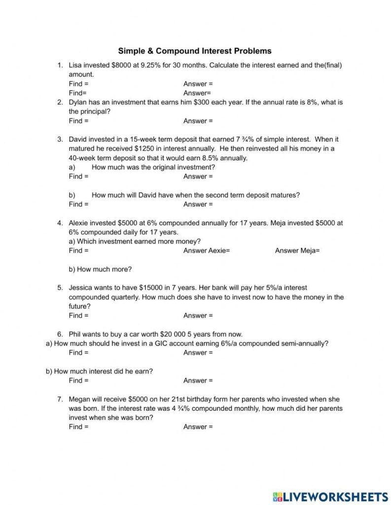 Simple Compound Interest Problems Worksheet Live Worksheets