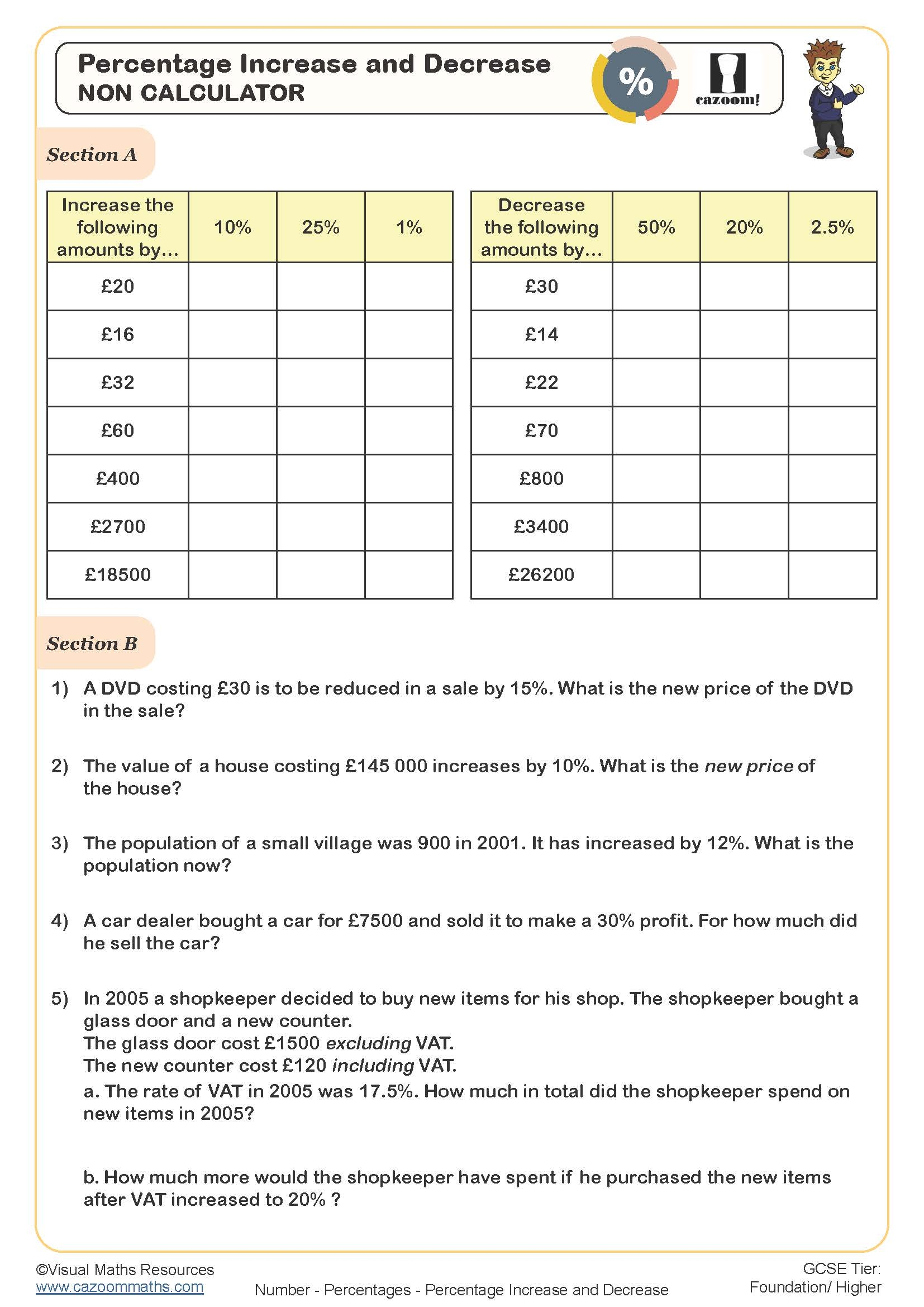 percentage increase and decrease worksheet