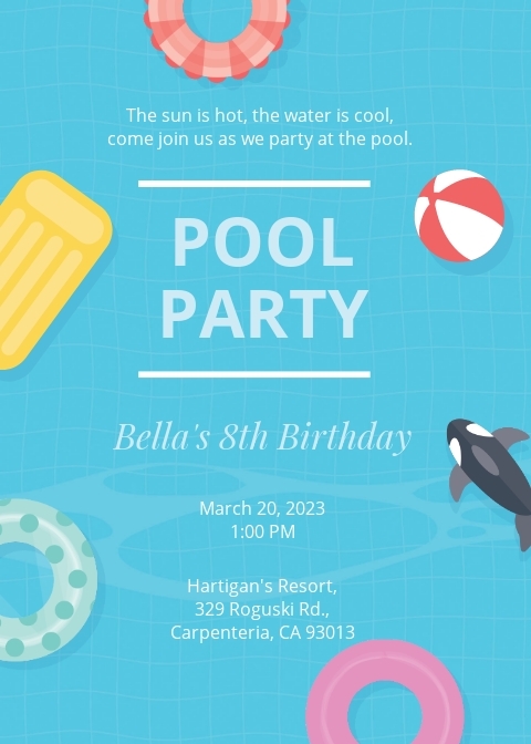 Simple Summer Pool Party Invitation Template Illustrator Word