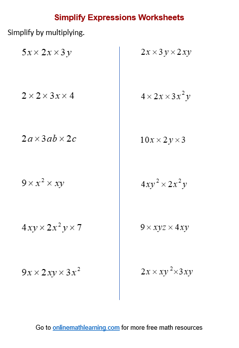 Simplify Expression Worksheets Multiply Divide printable 