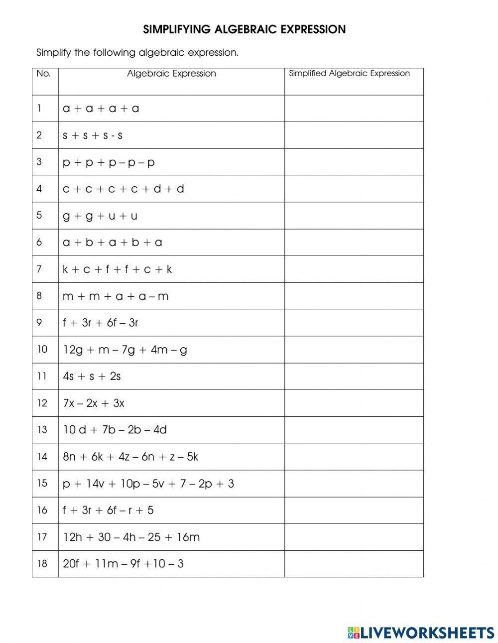 worksheet simplifying algebraic expressions