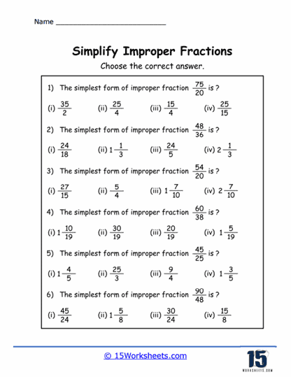 Simplifying Improper Fractions Worksheets 15 Worksheets