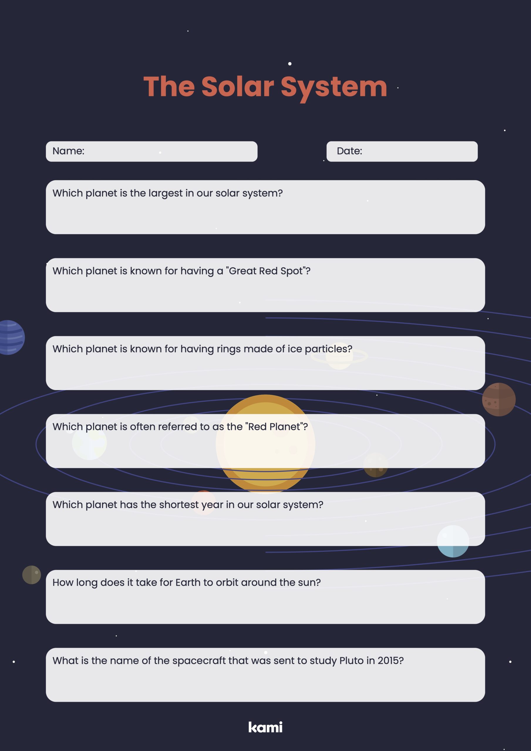 solar system worksheet