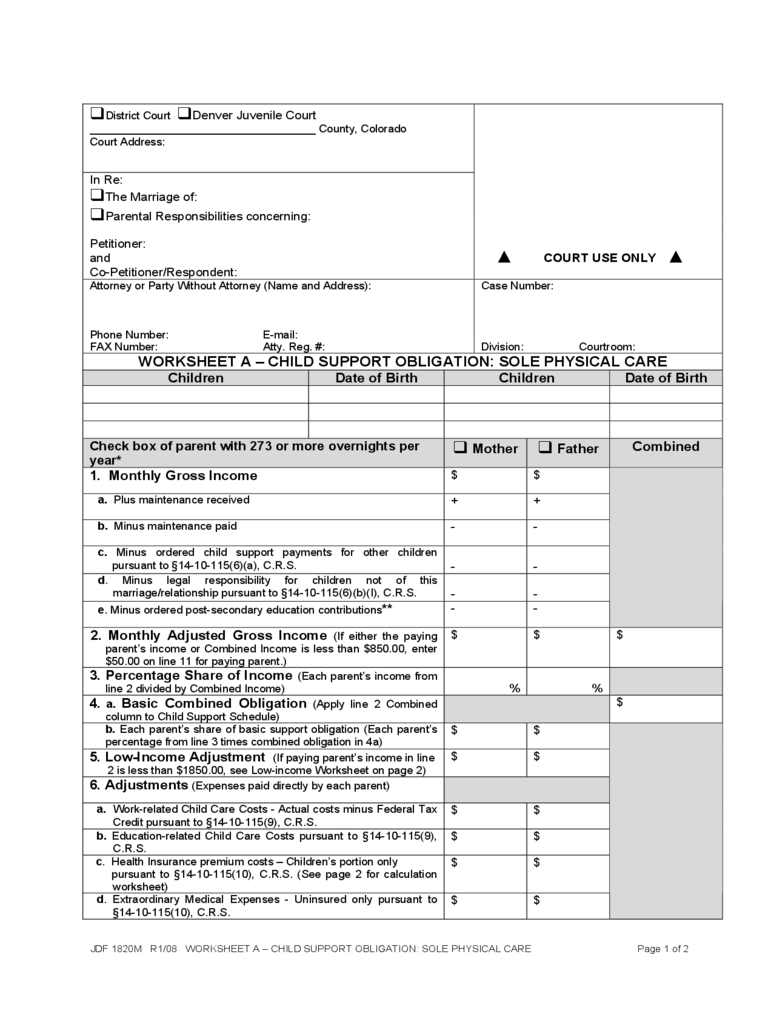 colorado child support worksheet