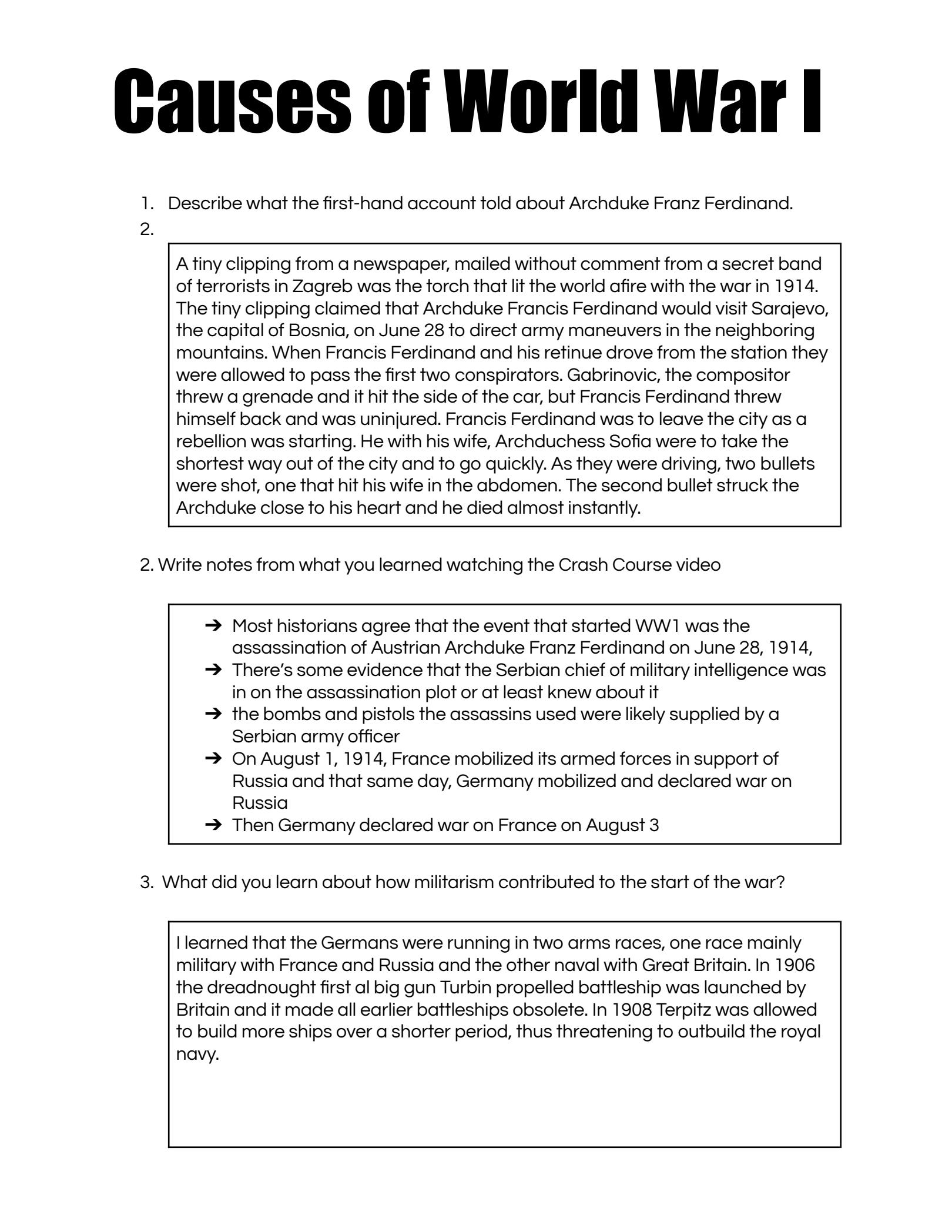 SOLUTION Causes Of World War 1 Note Sheet Studypool Worksheets Library