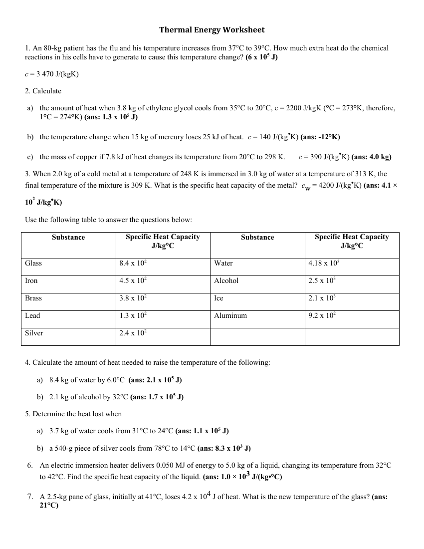 thermal energy worksheet
