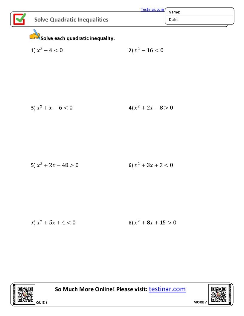 quadratic inequalities worksheet
