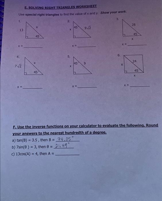 Solved E SOLVING RIGHT TRIANGLES WORKSHEET Use Special Chegg