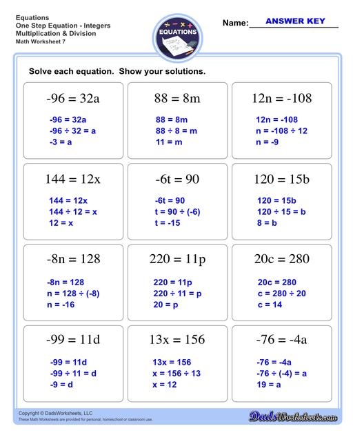 Solving 1 Step Equation Worksheets printable Online Answers 