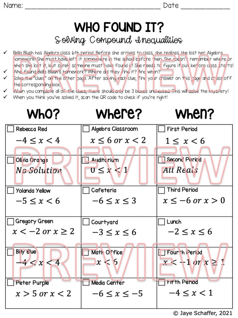 Solving Compound Inequalities Clue Mystery Activity Made By Teachers