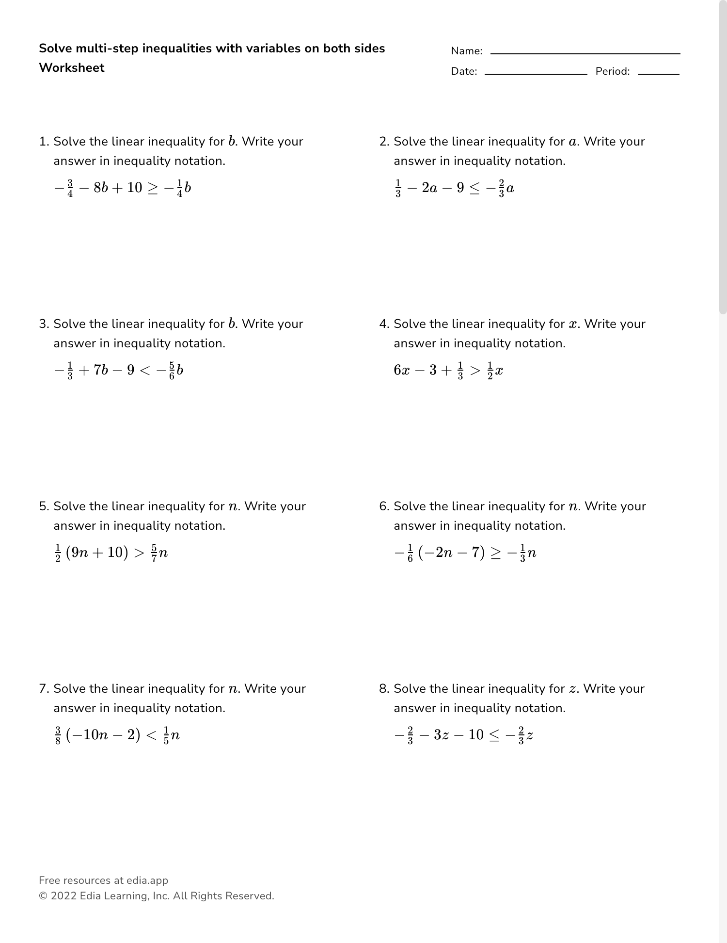 Solving Inequalities With Variables On Both Sides Worksheet 