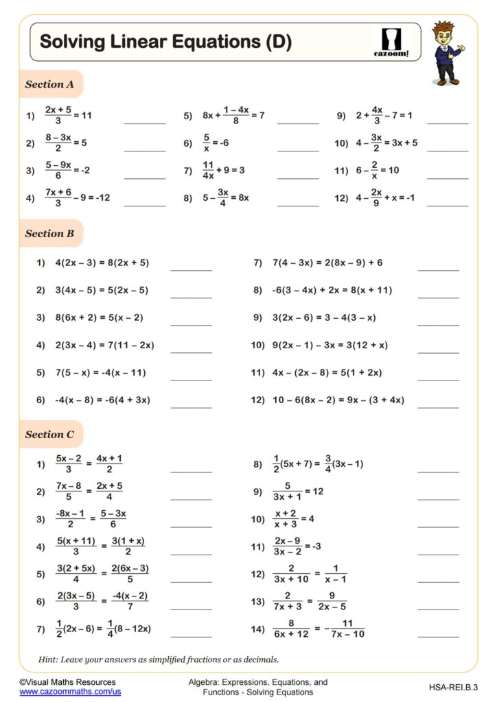 Solving Linear Equations D Worksheet PDF Printable Algebra
