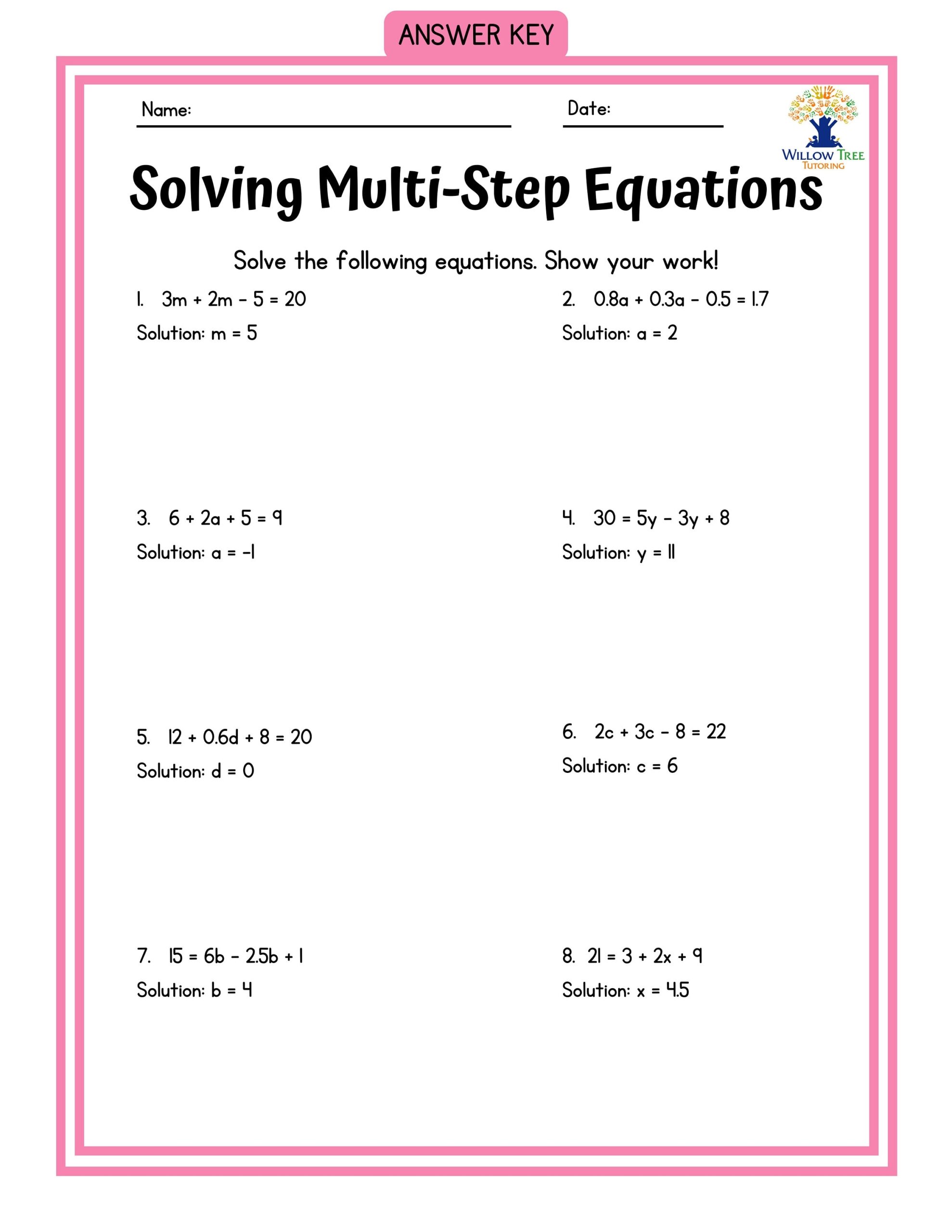 solving multi step equations worksheets with answers