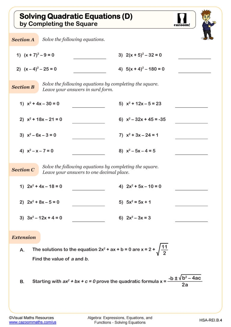 solving quadratic equations by completing the square worksheet