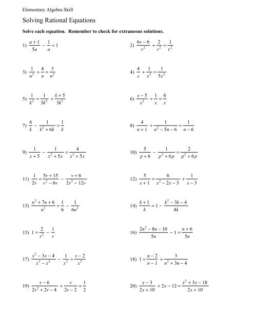 Solving Rational Equations Worksheets Library