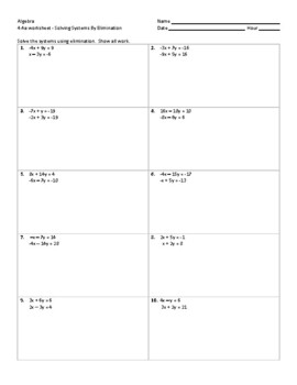 Solving Systems Of Equations By Elimination Worksheet And Answer Key 